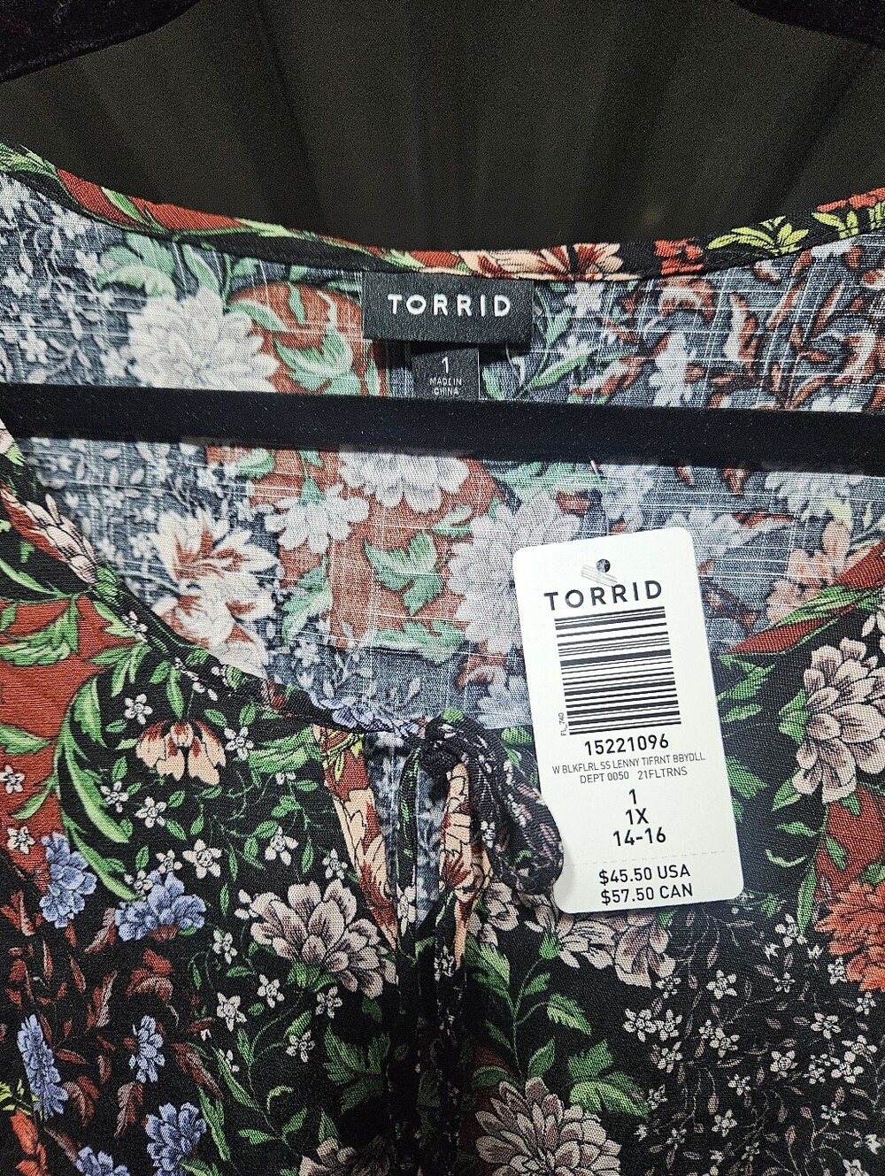 Torrid Black Floral V-Neck Ruffled Tunic with Red and Green Accents - Picture 4 of 4